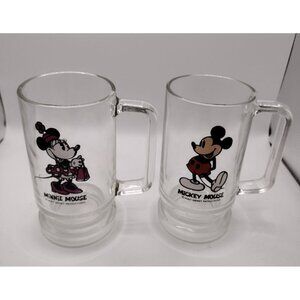 Vintage Walt Disney Productions Mickey & Minnie Mouse Clear Glass Mugs